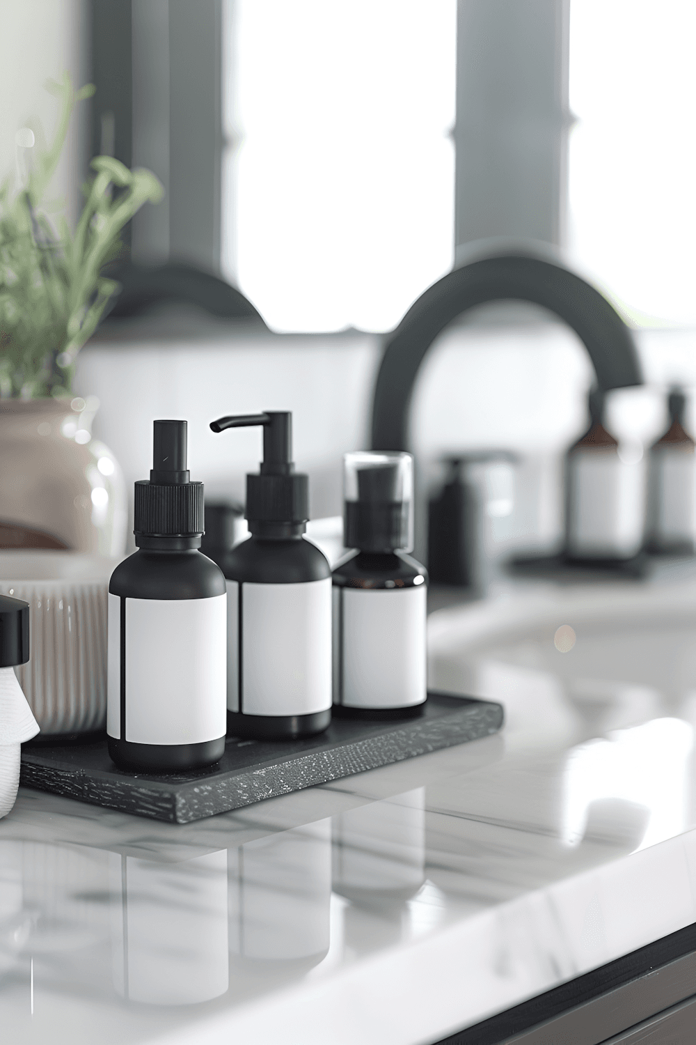 Polished marble counter with neatly arranged soap dispensers in a spotless washroom