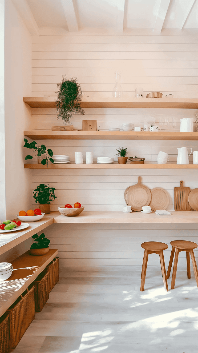 Neat kitchen with open wooden shelves, stacked white dishes and a bowl of fresh fruit