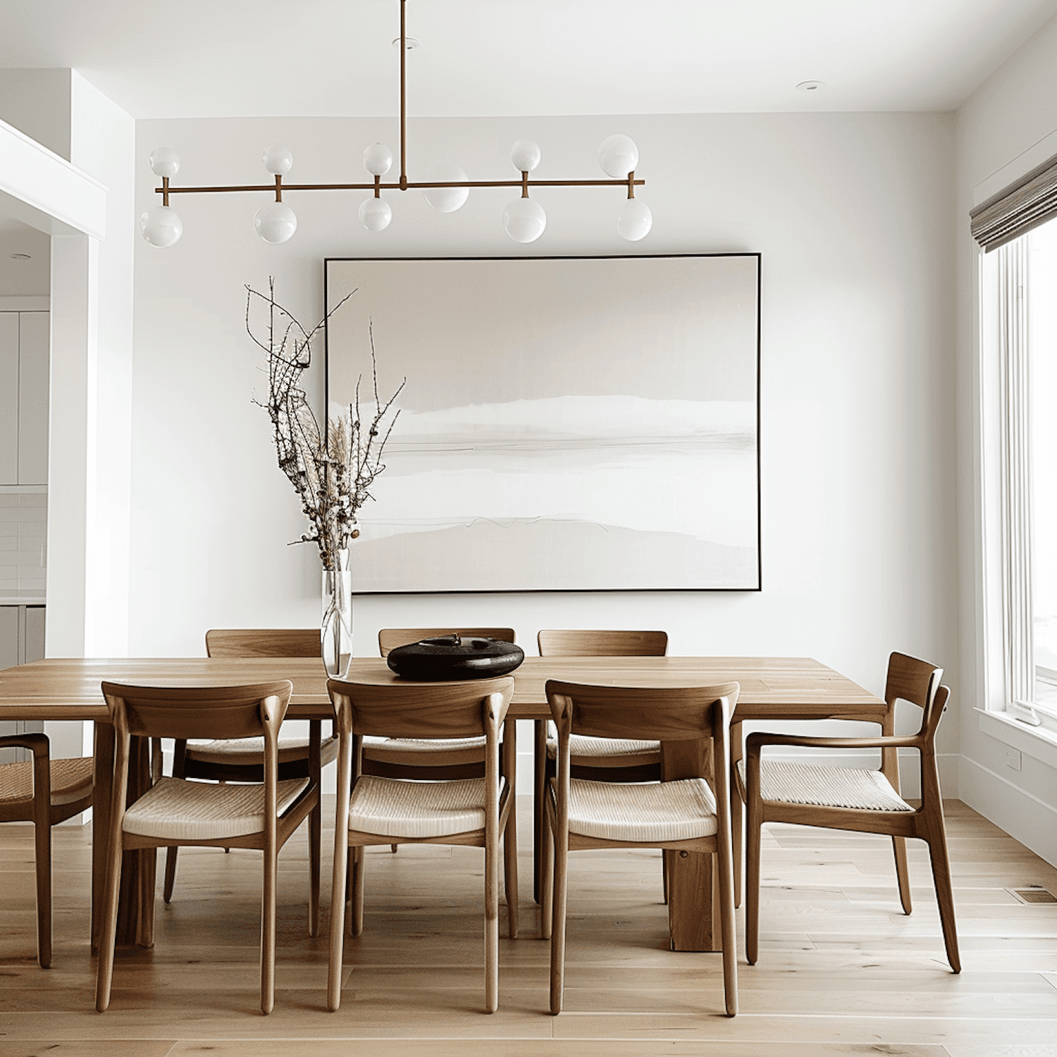 Tidy dining room with a wooden table, woven chairs and soft natural light