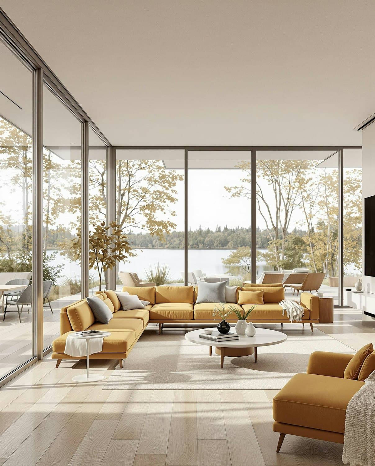 Bright, freshly cleaned living room with floor-to-ceiling windows overlooking a lake