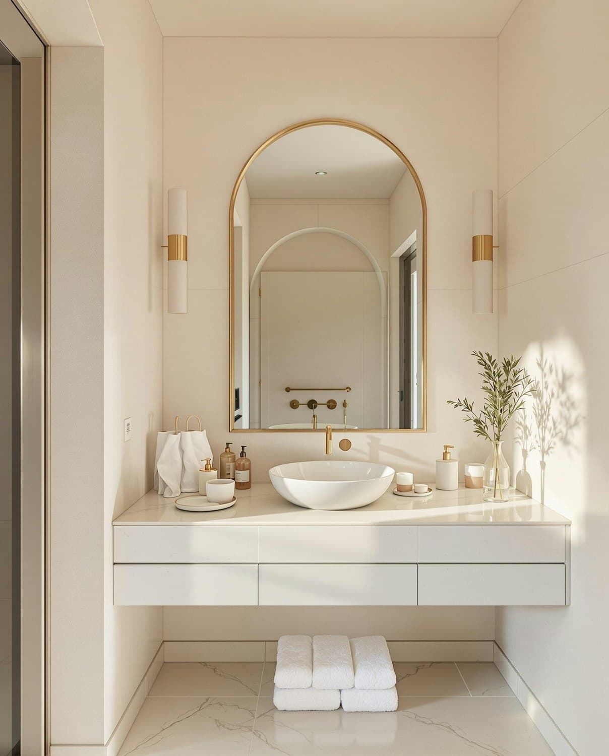 Spotless cream bathroom with a floating vanity, arched brass mirror and folded white towels