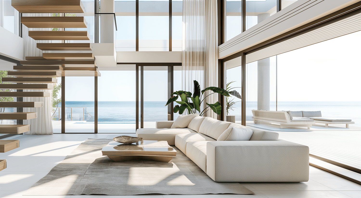 Double-height living room with a floating oak staircase, cream sofa and floor-to-ceiling windows