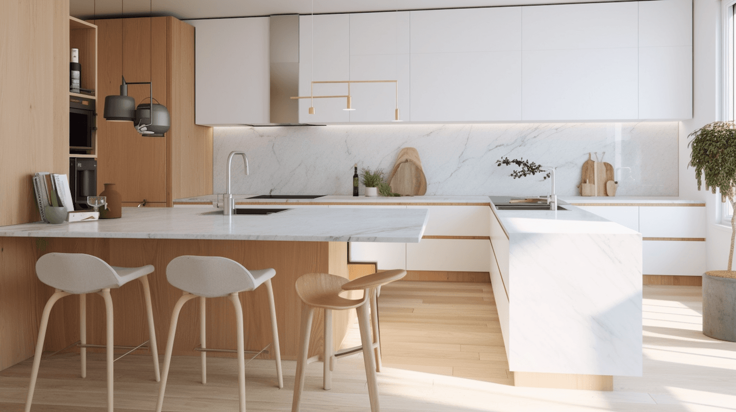 Bright kitchen with a white marble island and light oak cabinetry, freshly cleaned