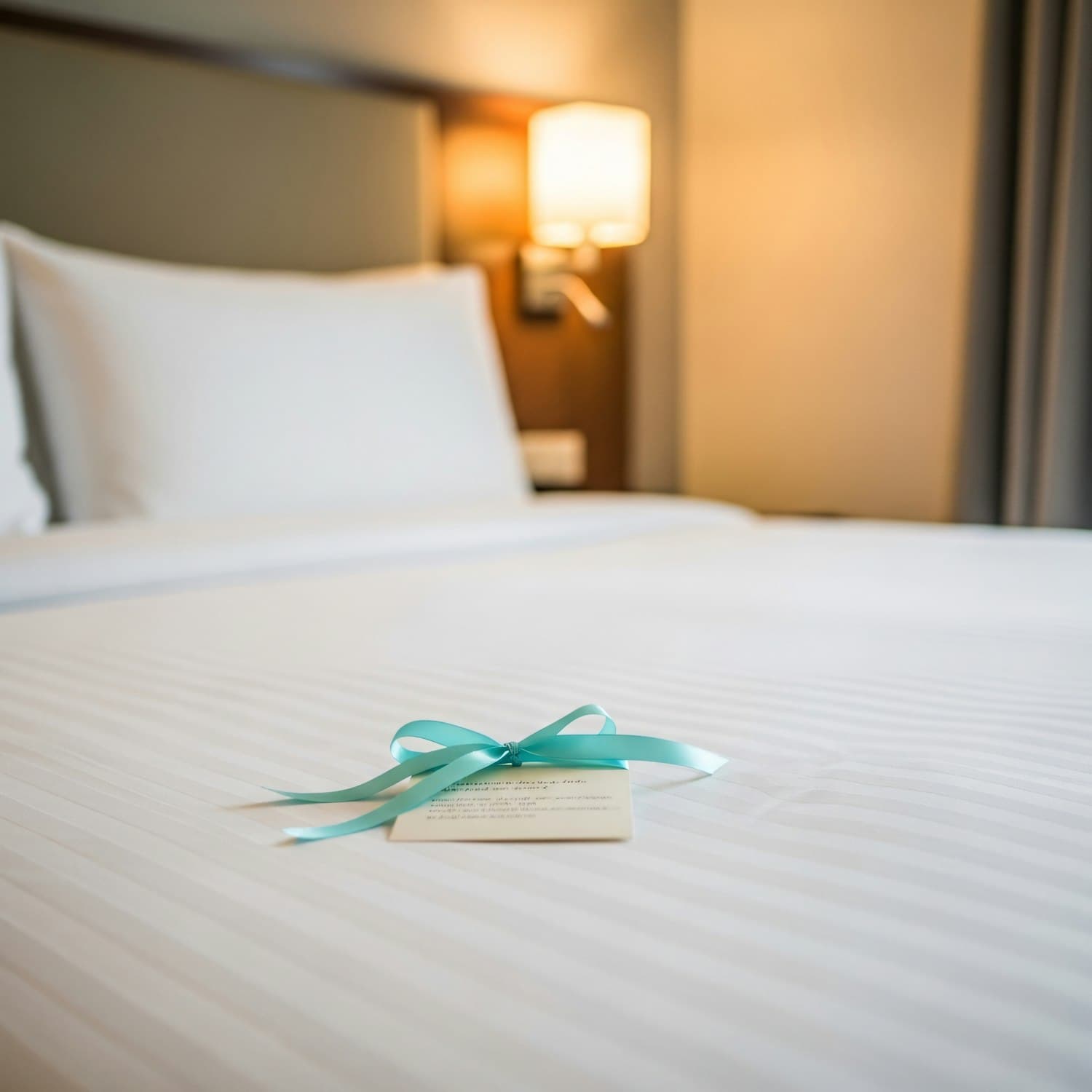 Hotel-style bed with crisp white linens and a welcome card ready for the next guest