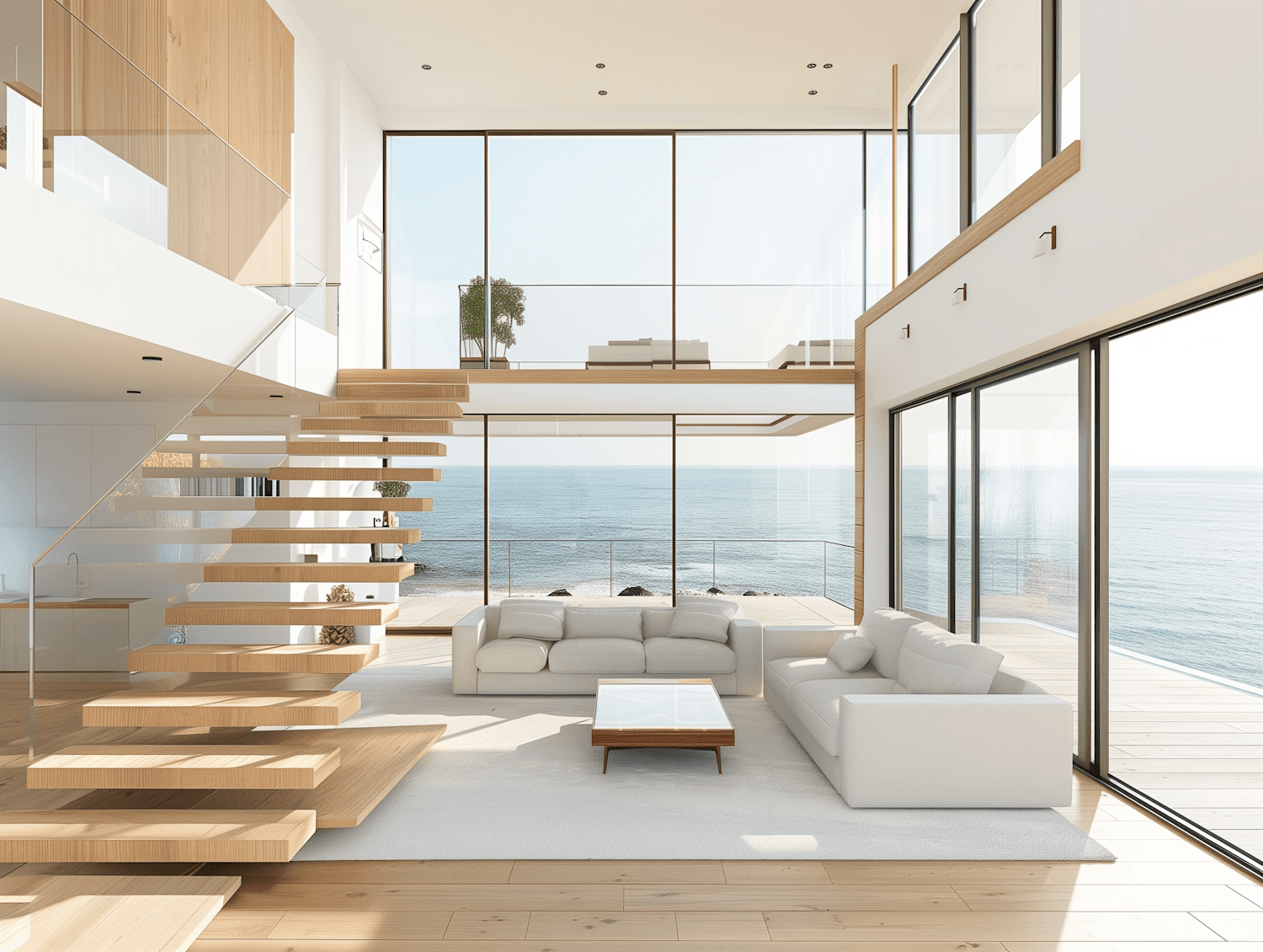 Open, sunlit vacation rental living room with white sofas and wall-to-wall windows