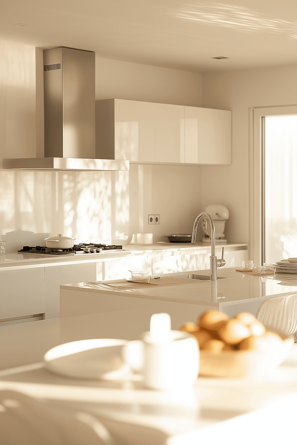 Gleaming white kitchen with wiped-down counters, ready for the next occupants